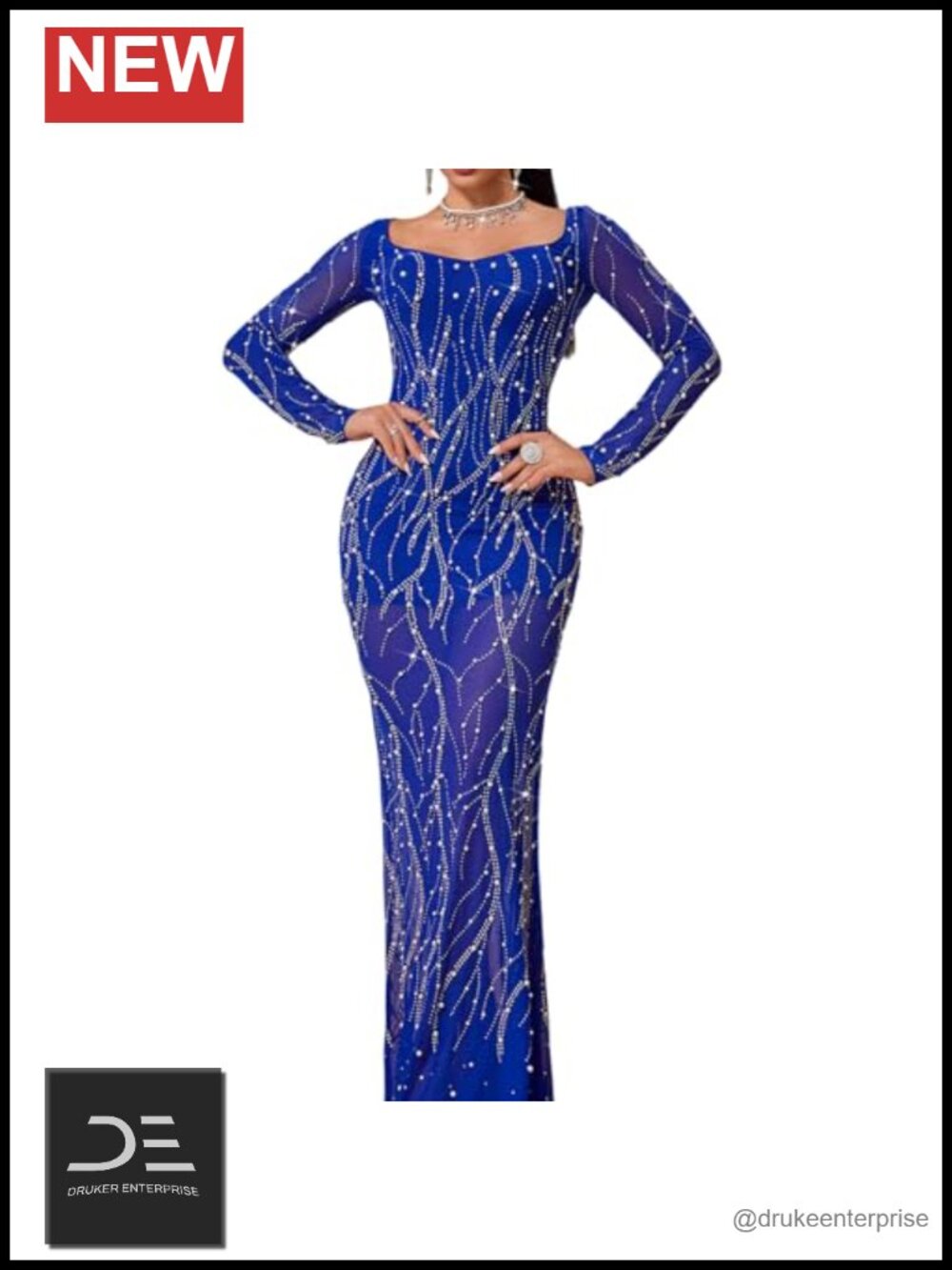 Long Sleeve Pearl Maxi Prom Cocktail Evening Dress with Rhinestone